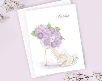 Custom Printed Bridal Shower Note Card (Thank You or Personalized) with Bride Shoe with Lilac Bouquet; Fashion Inspired Watercolor Design