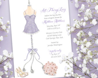 Custom Printed Elegant Modern Bridal Shower Invitation with Lingerie Theme; Bride Shoes and Bouquet Fashion Inspired Watercolor Illustration