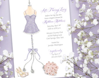 Custom Printed Elegant Modern Bridal Shower Invitation with Lingerie Theme; Bride Shoes and Bouquet Fashion Inspired Watercolor Illustration