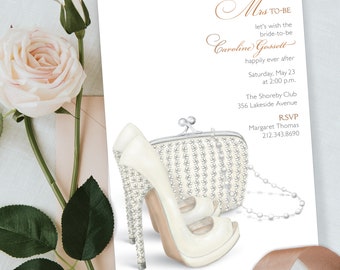 Custom Printed Elegant Modern Bridal Shower Invitation with Cream Bride Shoes,Handbag and Pearls; Fashion Inspired Watercolor Illustration