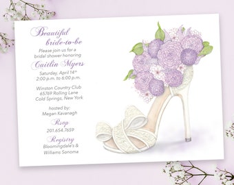 Custom Printed Modern Bridal Shower Invitation with Lace Bride Shoe and Lilac Bouquet; Fashion Illustration Watercolor Design