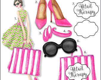Chic Girl Shopping Art Print/Stijlvolle illustratiebundel meisje en accessoires/Mode muurdecoratie/Retailtherapie glamour muurkunst/Fashionista cadeau