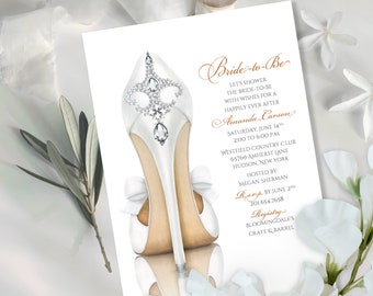 Custom Printed Elegant Modern Bridal Shower Invitation with Diamond Embellished Wedding Shoe Fashion Inspired Watercolor Illustration