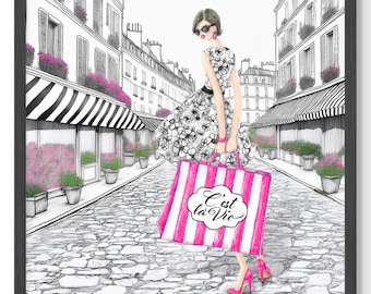 Chique mode meisje winkelen print/stijlvolle vrouwenmode illustratie/mode muurdecoratie/Franse glamour muurkunst/Fashionista cadeau/Fashion artwork