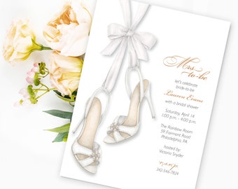 Custom Printed Modern Bridal Shower Invitation with Embellished Bride Shoes Tied With Ribbon Fashion Illustration Watercolor Design