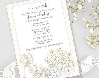 Custom Printed Elegant Modern Bridal Shower Invitation with Cream Bride Shoes and Bouquet; Fashion Inspired Watercolor Illustration