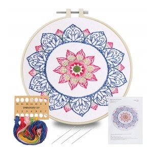 DIY KIT - Stamped Embroidery Starter Kit - Blue and Red Flower