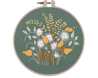 DIY KIT - Stamped Embroidery Starter Kit with Yellow and White Wildflowers