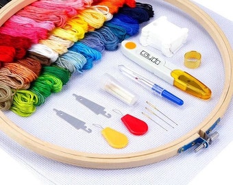 Hand Cross Stitch Kit for Beginners - 50 Color Embroidery Floss Thread, '10 Bamboo Hoop, and 2 Aida Cloth