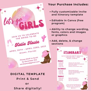 Disco Cowgirl Bachelorette Invite Itinerary, Let&#39;s Go Girls Bachelorette Invite, 70&#39;s Invitation, Disco Birthday Invite, Digital Template
