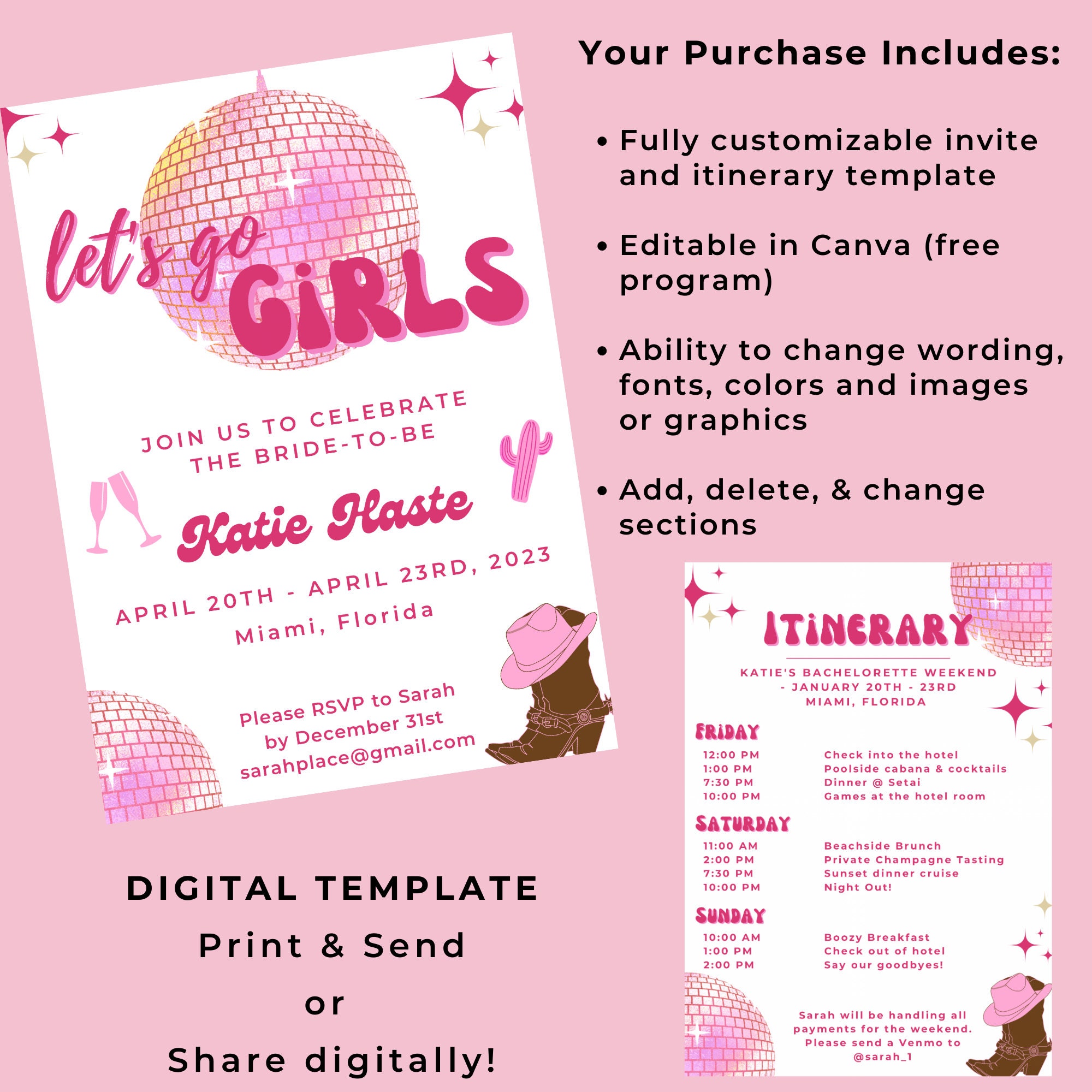 Disco Cowgirl Bachelorette Invite Itinerary Lets Go Girls Bachelorette Invite 70s Invitation Disco Birthday Invite Digital