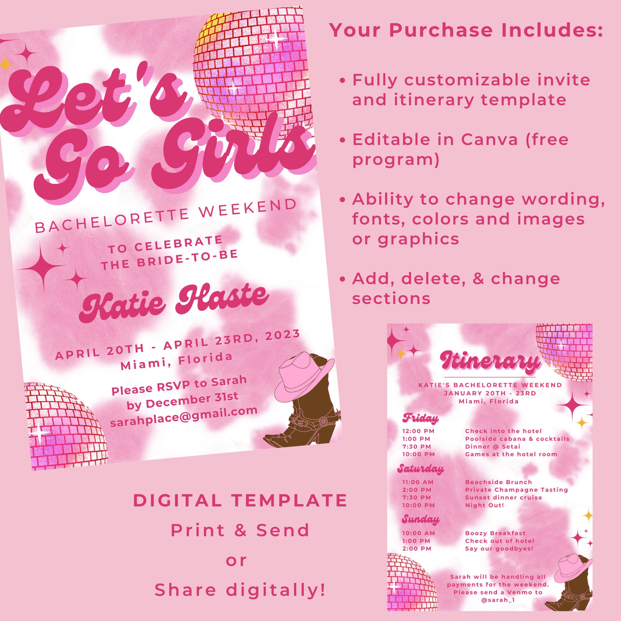 Disco Cowgirl Bachelorette Invite Itinerary Lets Go Girls Bachelorette Invite 70s Invitation Disco Birthday Invite Digital