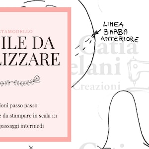 K&ouml;nnte beinhalten: Ein rosa-wei&szlig;es, druckbares Schnittmuster mit dem Text "CARTAMODELLO FACILE DA UTILIZZARE" und Gebrauchsanweisungen. Das Schnittmuster enth&auml;lt eine Strichzeichnung eines Schnittmusters mit dem Text "LINEA BARBA ANTERIORE" und "BRACCIA 4x".