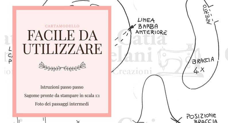 K&ouml;nnte beinhalten: Ein rosa-wei&szlig;es, druckbares Schnittmuster mit dem Text "CARTAMODELLO FACILE DA UTILIZZARE" und Gebrauchsanweisungen. Das Schnittmuster enth&auml;lt eine Strichzeichnung eines Schnittmusters mit dem Text "LINEA BARBA ANTERIORE" und "BRACCIA 4x".