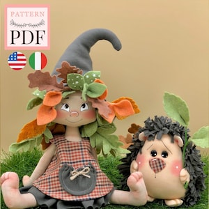 Wood Elf Sewing Pattern PDF - Leaf and Pin Elf with Hedgehog, 28 cm / 11 in - Autumn - Instant Download