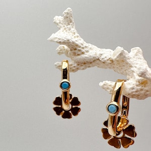 Gold Huggie Hoops, Gold Rectangular Earrings, Rectangular Huggie Hoops Earrings, Flower Earrings, Valentines day Gift