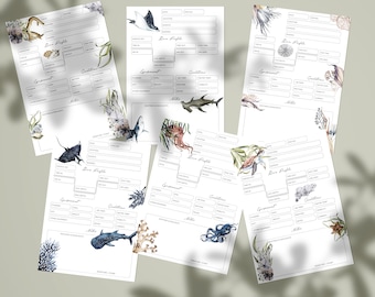 May include: A collection of five white scuba diving log sheets featuring watercolor illustrations of marine life including sharks, sea turtles, octopuses, and coral. Each sheet contains printed fields for dive profile, equipment, and conditions.
