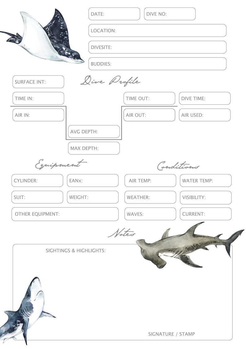 Digital SCUBA Dive Log Bundle printable personal Use - Etsy