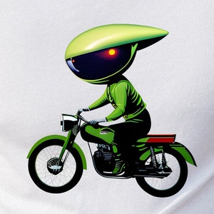 Alien Tshirt, Alien Shirt, Alien on a Motorcycle, Biker Tshirt, Green Alien Tshirt, Little Green Man Tshirt, Motorcycle Tshirt, Biker Tshirt
