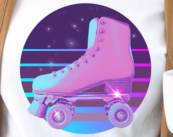 May include: White t-shirt with a retro-style graphic of a pink roller skate with blue and purple accents. The graphic is set against a purple background with white stars and a blue and purple striped design.