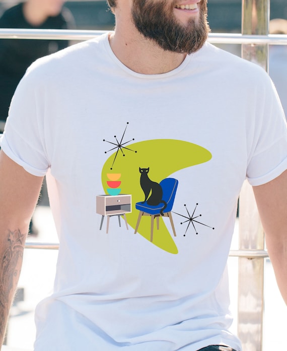 Atomic Cat Tshirt, Midcentury Modern Tshirt, Midmod Cat Tshirt, Black Cat Tshirt, 1950's Black Cat Tshirt, Atomic Art Tshirt, Mid Mod Tshirt