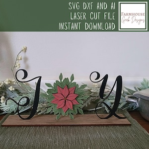 Archivo láser en capas Joy con flor de pascua, SVG multicapa Christmas Joy, idea de repisa de granja para fiestas, decoración navideña, corte láser, decoración