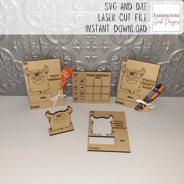 Monster Valentines Laser Cut File, Valentine for Boys, DIY Craft Kits for Kids, Pop Out SVG, Valentine Tic Tac Toe, Crayon Valentine, Kids