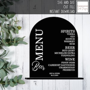 Sinal de menu de barra de casamento SVG, modelo de arco acrílico 8x10, arquivo de corte a laser SVG, gravação de menu de barra DXF Glowforge para ideias a laser