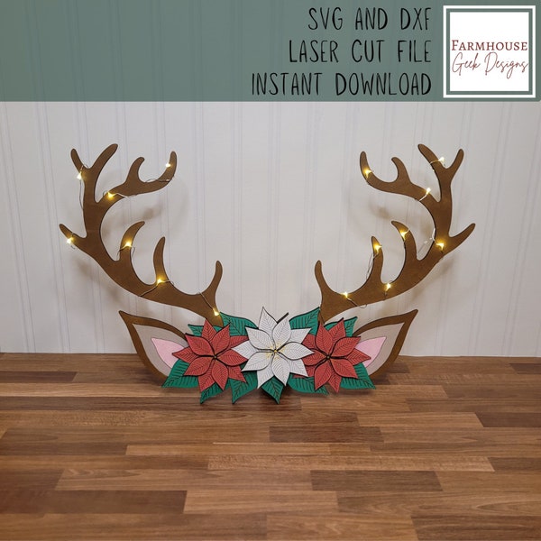Poinsettia and Reindeer SVG, Christmas Laser Cut Files, Holiday Mantel Decor, Xmas Decorations, Christmas Table Centerpiece, Glowforge Files