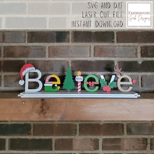 Believe Laser SVG, pliki wycinane laserowo na Boże Narodzenie, Believe Mantel Sign Christmas Decor, dekoracje świąteczne, pliki wycinane laserowo na święta