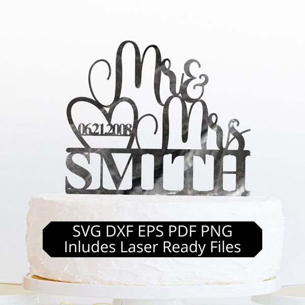 Mr and Mrs Cake Topper Download, Wedding Cake Topper Laser File, Heart with Name Engraved, Acrylic Cake Topper Wedding, Marriage Topper SVG