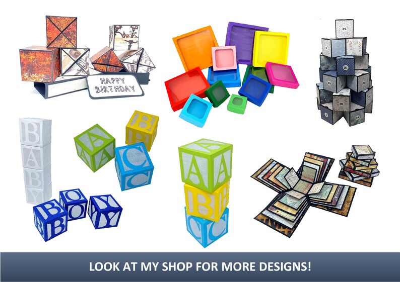 May include: Assortment of colorful papercraft boxes, including a stack of alphabet blocks, a stack of boxes with a "Happy Birthday" message, a stack of boxes with a geometric pattern, a stack of boxes with a floral pattern, and a stack of boxes with a map pattern.  The boxes are all made of paper and are decorated with various colors and patterns.