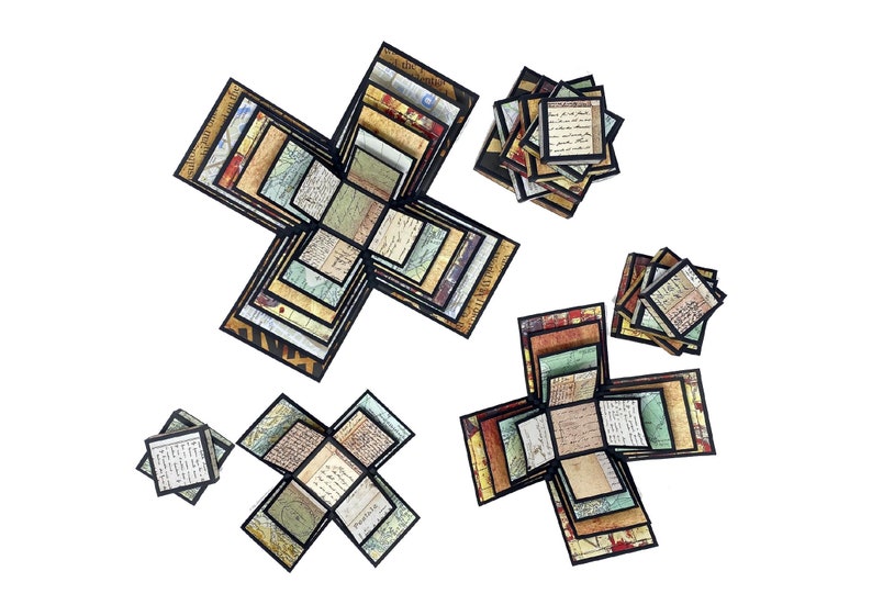 May include: Five intricately designed paper boxes with a vintage map and text pattern. The boxes are folded into a cross shape and have black edges.