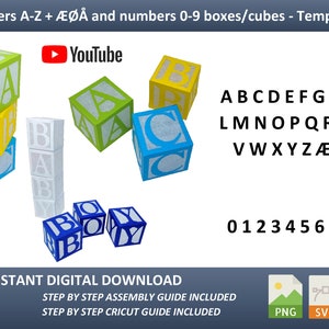 Cuadros / cubos de letras y números: A-Z + ÆØÅ y 0-9, SVG, PNG y pdf. Plantilla bricolaje para niños, babyshower, cumpleaños, aniversario + decoración