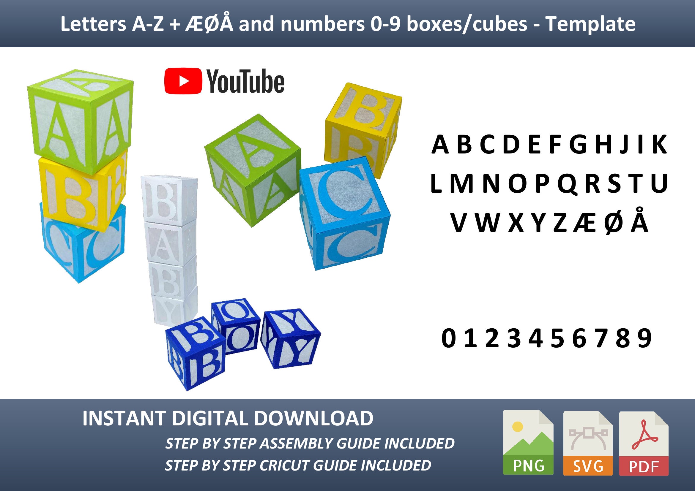 Letters and numbers boxes/cubes – A-Z+ÆØÅ and 0-9, SVG, PNG and pdf. Template diy for kids, babyshower, birthday, anniversary + decoration