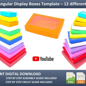 Modèle de boîtes d’affichage rectangulaires 12 tailles différentes dans un seul fichier, SVG, PDF et PNG, boîte simple pour le stockage / emballage, cookie, bijoux, bonbons