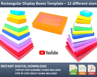 Modello di scatole di visualizzazione rettangolari 12 diverse dimensioni in un unico file, SVG, PDF e PNG, scatola semplice per lo stoccaggio / imballaggio, cookie, gioielli, caramelle