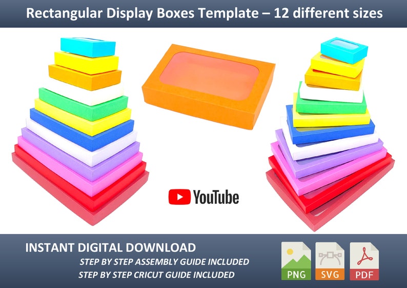 May include: A stack of 12 colorful rectangular display boxes with a window in the top box. The boxes are arranged in a pyramid shape. The boxes are made of cardboard and are perfect for displaying small items. The boxes are available in a variety of colors, including red, pink, purple, blue, green, yellow, and white.