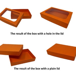 May include: Two orange cardboard boxes with lids. The box on the left has a plain lid. The box on the right has a lid with a rectangular hole cut out. The text "The result of the box with a hole in the lid" is below the box on the right. The text "The result of the box with a plain lid" is below the box on the left.