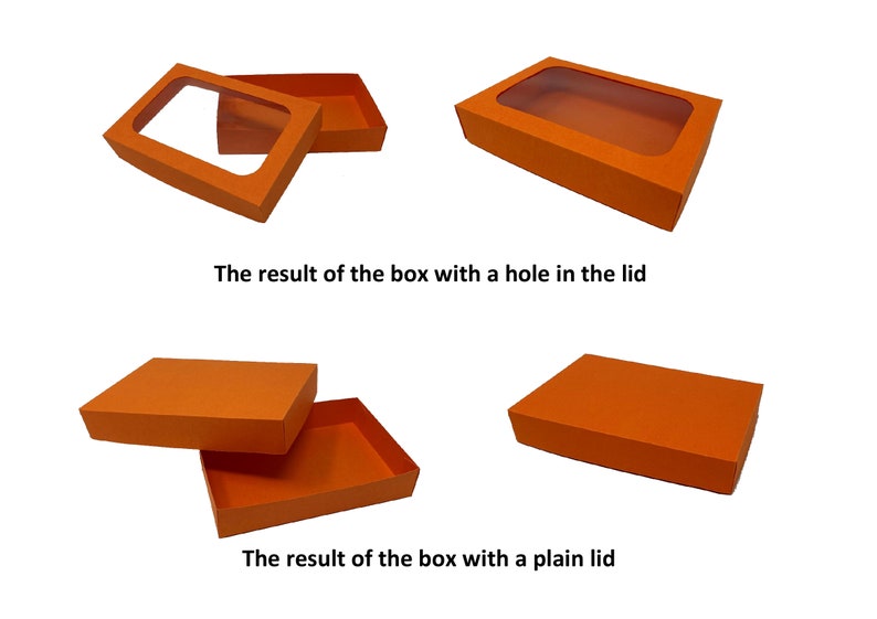May include: Two orange cardboard boxes with lids. The box on the left has a plain lid. The box on the right has a lid with a rectangular hole cut out. The text "The result of the box with a hole in the lid" is below the box on the right. The text "The result of the box with a plain lid" is below the box on the left.