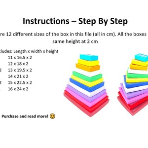 May include: A diagram showing 12 different sizes of boxes, each with a height of 2 cm. The boxes are arranged in two stacks, with the largest box at the bottom and the smallest box at the top. The boxes are all different colors, including red, orange, yellow, green, blue, purple, and pink. The text on the page lists the dimensions of each box in centimeters.