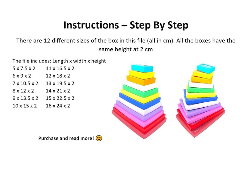 May include: A diagram showing 12 different sizes of boxes, each with a height of 2 cm. The boxes are arranged in two stacks, with the largest box at the bottom and the smallest box at the top. The boxes are all different colors, including red, orange, yellow, green, blue, purple, and pink. The text on the page lists the dimensions of each box in centimeters.