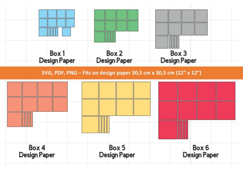 May include: Six different designs for boxes that can be printed on 12" x 12" design paper. The designs are shown in various colors, including blue, green, gray, orange, yellow, and red. Each design is made up of squares and rectangles.