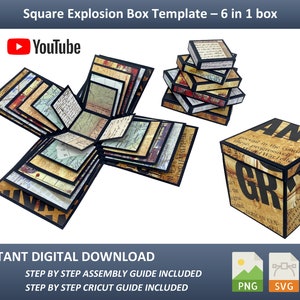 Explosion Box Square SVG, PDF en PNG, Display Box Template voor alle evenementen die u zich maar kunt voorstellen. Diy. Display doos, kubus doos