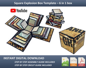 Explosion Box Square SVG, PDF und PNG, Display Box Template für alle Ereignisse, die Sie sich vorstellen können. Diy. Vitrine, Würfelbox