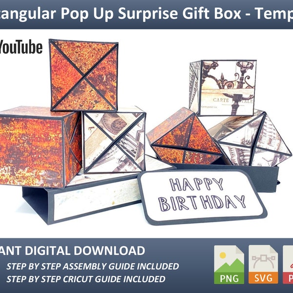 Rectangular Pop Up Surprise Gift Box Template SVG, PDF and PNG, Jumping Box, Display Box. Ideal for birthday, Christmas, special occasions