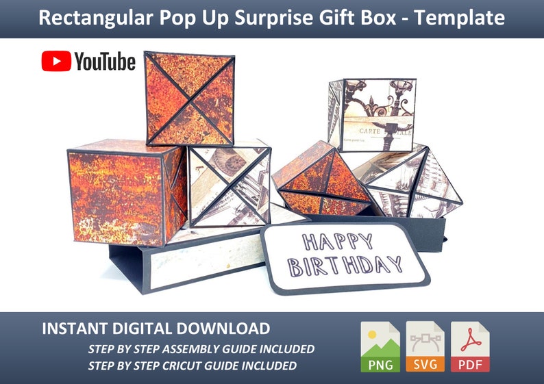 Rechteckige Pop Up Überraschung Geschenkbox Vorlage SVG, PDF und PNG, Jumping Box, Display Box. Ideal für Geburtstag, Weihnachten, besondere Anlässe Bild 1