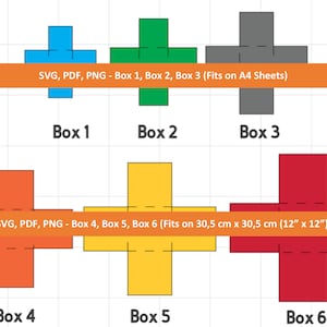 May include: Diagram showing six boxes, labeled Box 1 through Box 6. Boxes 1, 2, and 3 are smaller and fit on standard 8.5 x 11 inch paper. Boxes 4, 5, and 6 are larger and fit on 12 x 12 inch paper.