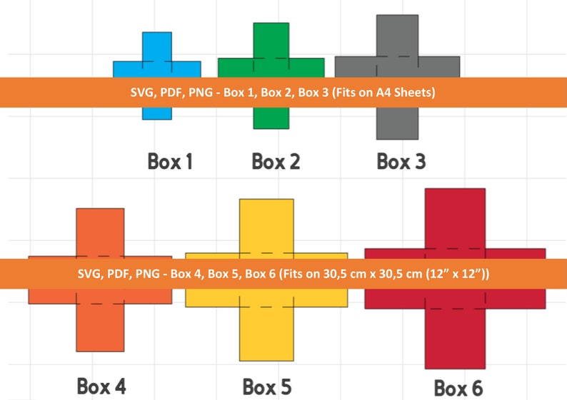 May include: Diagram showing six boxes, labeled Box 1 through Box 6. Boxes 1, 2, and 3 are smaller and fit on standard 8.5 x 11 inch paper. Boxes 4, 5, and 6 are larger and fit on 12 x 12 inch paper.