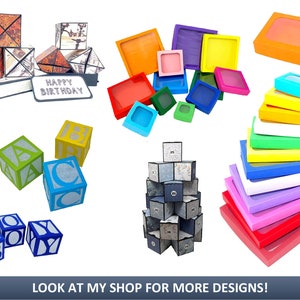 May include: Assortment of colorful gift boxes with various designs. Some boxes are stacked, others are open, and some are closed. The boxes are made of cardboard and have a variety of colors, including red, blue, green, yellow, orange, and purple. The boxes are decorated with different patterns and designs, including geometric shapes, flowers, and animals. The boxes are perfect for packaging small gifts or favors. "Happy Birthday" is written on one of the boxes.